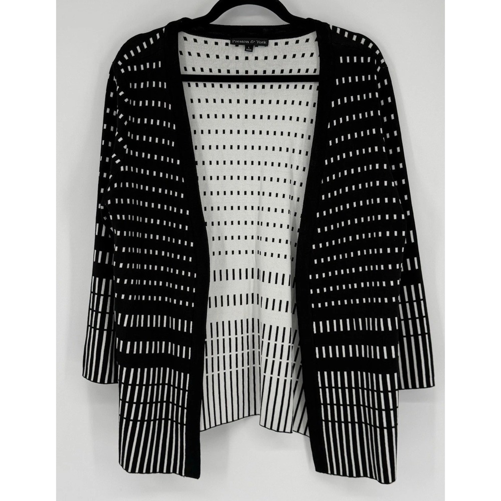 Preston & York Cardigan Sweater Large Women's Black White Open Front Geometric